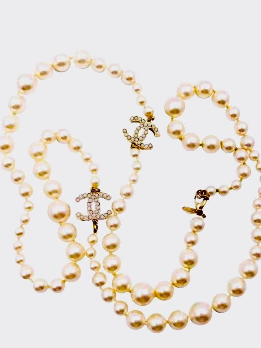 CHANEL Ivory Faux Pearl Long Necklace with CC Logo Charms